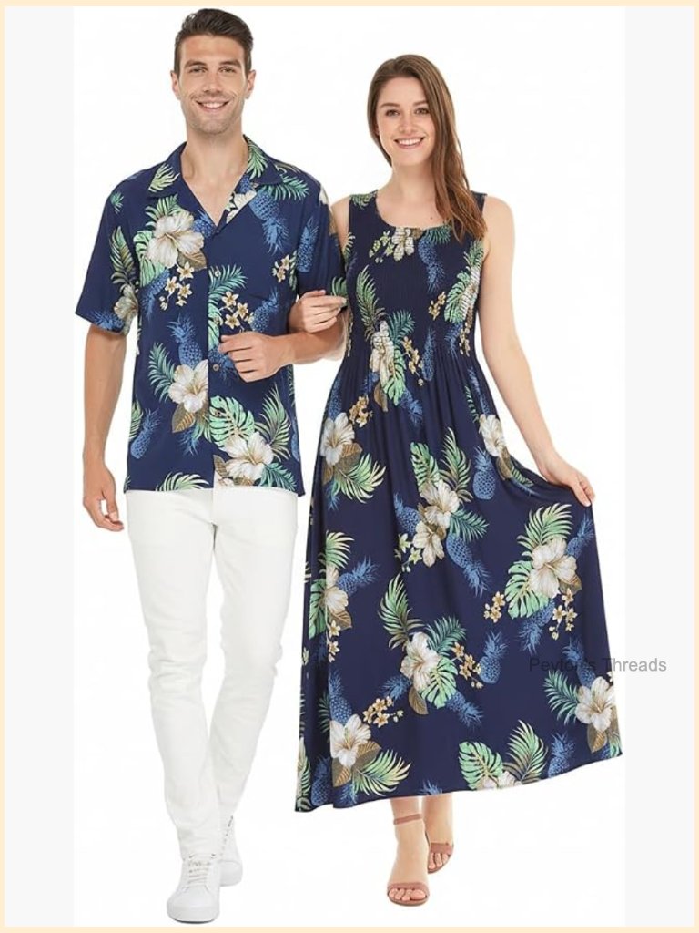 Matching Couple Hawaiian Luau Shirt & Maxi Tank Dress In Pineapple Garden